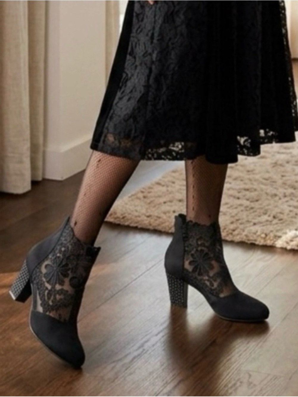Black Lace Ankle Booties with Studded Block Heel Size 9.5